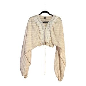 Salant Women's Sexy Lace Up Front Ribbed Crop Top Long Sleeve White Lace Shirt